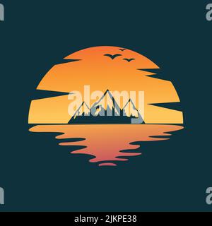 Die minimalistischen Berge auf einem Sonnenuntergangs-Logo Stock Vektor