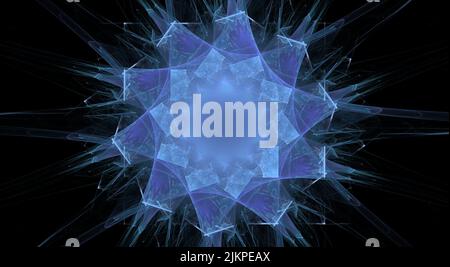 Digital Rendering wunderschöne, exquisite blaue fraktale Muster, die kreisförmige und sternförmige Formationen mit fließenden, glatten Energielinien rotieren Stockfoto
