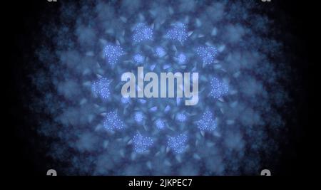 Digital Rendering wunderschöne, exquisite blaue fraktale Muster, die kreisförmige und sternförmige Formationen mit fließenden, glatten Energielinien rotieren Stockfoto