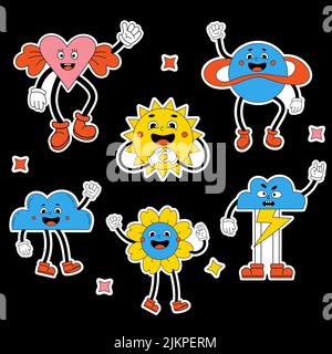 Setzen Sie Cartoon-Aufkleber mit lustigen Comic-Figuren mit lustigen Gesichtern, Handschuhen und Füßen. Trendy Retro groovy Cartoon Sonne, Power Blume, Wolke, Herz, Stock Vektor