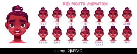 Kinder Mund Animation Sprite Blatt. Mädchen Gesichtsausdruck und Lippen Posen in der Aussprache verschiedene englische Phoneme. Vektor Cartoon Satz von Kind reden Stock Vektor