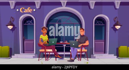 Mann und Frau arbeiten an Laptops, die im Café sitzen. Restaurant- oder Café-Fassade mit Tisch im Freien und ein paar Freiberuflern. Vektorgrafik Zeichentrickfilm Stock Vektor