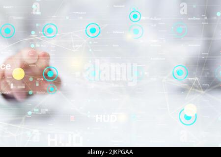 Eine Netzwerkgrafik, bei der die Hand einer Person sie vom Hintergrund berührt Stockfoto