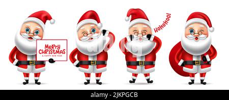 weihnachtsmann weihnachten Charakter Set. weihnachtsmann weihnachten 3D Zeichen im stehenden und haltenden Sack und Banner mit fröhlicher weihnachtsgrüße. Stock Vektor