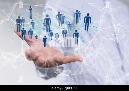 Eine Darstellung menschlicher Ikonen aus dem Jahr 3D über ein Hand-Social-Network-Kommunikationskonzept Stockfoto