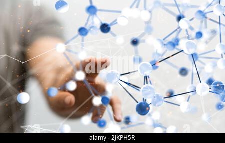 Ein 3D Rendering von abstrakten neuronalen Netzwerk-Symbolen mit Hand darauf tippen aus hinter-globalen Netzwerk-Konzept Stockfoto