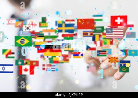 Die 3D Darstellung einer virtuellen Weltkarte mit allen Staaten und ihren Flaggen Stockfoto