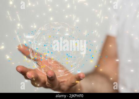 Eine Darstellung abstrakter neuronaler Netzwerksymbole aus dem Jahr 3D auf dem Hand-globalen Netzwerkkonzept Stockfoto