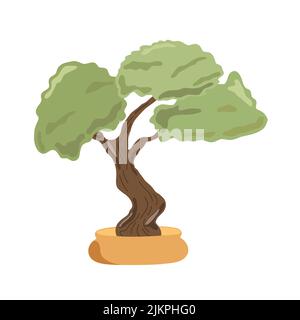 Dekorativer Bonsai-Baum in einem Blumentopf, einheimische Pflanzen-Vektor-Illustration, traditionelles japanisches Kulturelement in einfachem flachen Stil Stock Vektor
