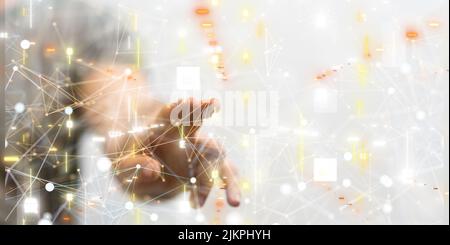 Ein 3D Rendering von neuronalem Netzwerk 3D mit Big Data und Cybersicherheit und einer Hand zeigt Stockfoto