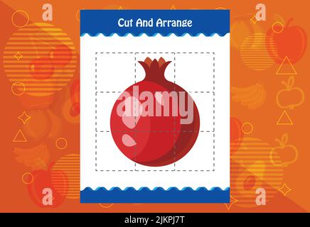 Schneiden und ordnen Sie mit einem Obst-Arbeitsblatt für Kinder. Pädagogisches Spiel für Kinder Stock Vektor