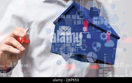 Ein 3D Rendering eines neuronalen Netzes mit Big Data und Cybersicherheit zu Hause Stockfoto