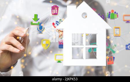 Ein 3D Rendering eines neuronalen Netzes mit Big Data und Cybersicherheit zu Hause Stockfoto
