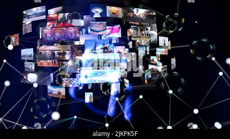 Ein 3D-Rendering von Streaming-Daten-Bild-Videomaterial vor dunklem Hintergrund Stockfoto