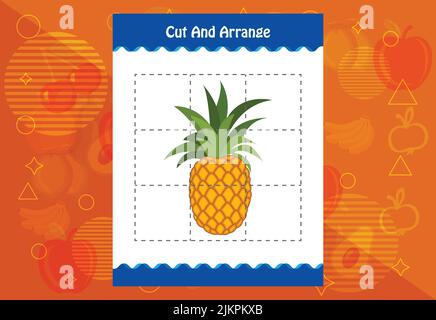 Schneiden und ordnen Sie mit einem Obst-Arbeitsblatt für Kinder. Pädagogisches Spiel für Kinder Stock Vektor