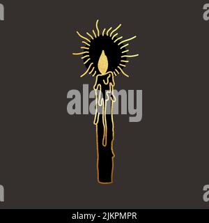 Kerze. tarot-Karte. Grafische Illustration mit goldenen Linien auf dunklem Hintergrund Stockfoto