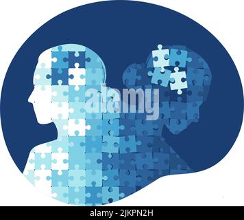 Konzept für psychische Erkrankungen und Störungen. Kopfprofil mit einer gesunden Frau und Kopfprofil mit Puzzleteilen, die auseinander fallen. Vektorgrafik. Flach Stock Vektor