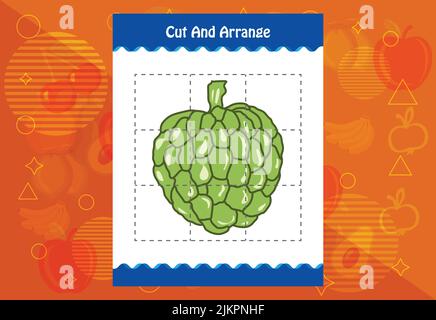Schneiden und ordnen Sie mit einem Obst-Arbeitsblatt für Kinder. Pädagogisches Spiel für Kinder Stock Vektor