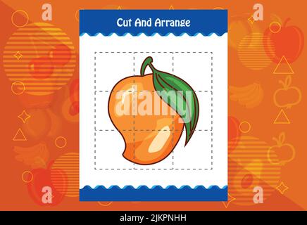 Schneiden und ordnen Sie mit einem Obst-Arbeitsblatt für Kinder. Pädagogisches Spiel für Kinder Stock Vektor