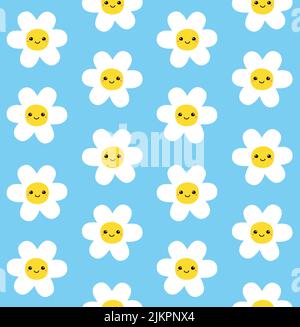 Vektor nahtloses Muster von Hand gezeichnet flache Gänseblümchen Blume mit Gesicht isoliert auf blauem Hintergrund Stock Vektor
