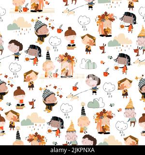 Nahtlose Muster mit Happy Cartoon Kinder genießen Herbst auf weißem Hintergrund Stock Vektor