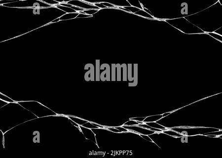 Kunst von Falten und Risse aus Glas von Smashing und fallende Bumps. Auf schwarzem Hintergrund verursacht Stockfoto