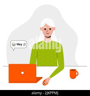 Eine alte Frau benutzt einen Laptop. Nette ältere weibliche Figur sitzt und Dating-Apps, Social Media. Kommunizieren Sie im Netz für ältere Menschen. Niedlicher Vektor-illuu Stock Vektor
