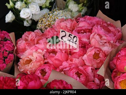 Schönes buntes Bouquet von Pfingstrosen in Kraftpapier im Blumenladen verpackt Stockfoto