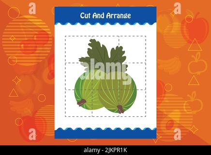Schneiden und ordnen Sie mit einem Obst-Arbeitsblatt für Kinder. Pädagogisches Spiel für Kinder Stock Vektor