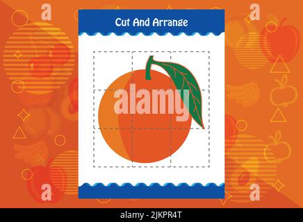 Schneiden und ordnen Sie mit einem Obst-Arbeitsblatt für Kinder. Pädagogisches Spiel für Kinder Stock Vektor