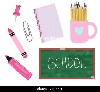 Vector Big Kollektion zurück in die Schule. Design-Set für den Bildungsbereich. Schulbank, Schulbedarf, Lehrbuch, Aktentasche. Stock Vektor