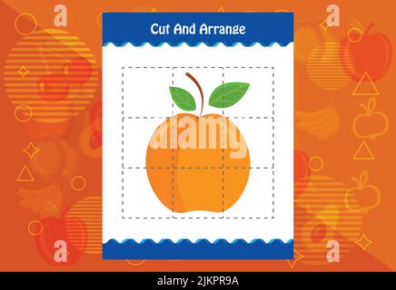Schneiden und ordnen Sie mit einem Obst-Arbeitsblatt für Kinder. Pädagogisches Spiel für Kinder Stock Vektor
