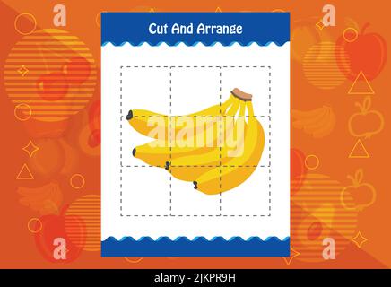 Schneiden und ordnen Sie mit einem Obst-Arbeitsblatt für Kinder. Pädagogisches Spiel für Kinder Stock Vektor