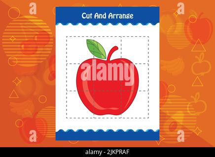Schneiden und ordnen Sie mit einem Obst-Arbeitsblatt für Kinder. Pädagogisches Spiel für Kinder Stock Vektor