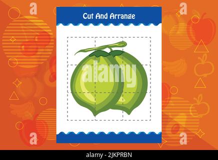 Schneiden und ordnen Sie mit einem Obst-Arbeitsblatt für Kinder. Pädagogisches Spiel für Kinder Stock Vektor