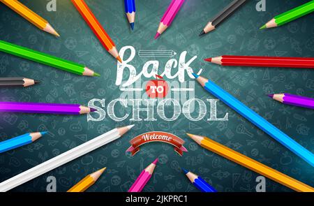 Back to School Design mit buntem Bleistift und Typografie-Brief auf Kreidetafel-Hintergrund. Vektor-Schule Illustration mit handgezeichneten Doodles für Stock Vektor