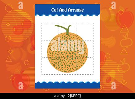 Schneiden und ordnen Sie mit einem Obst-Arbeitsblatt für Kinder. Pädagogisches Spiel für Kinder Stock Vektor