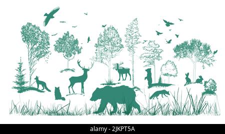 Waldlandschaft mit Silhouetten von Tieren. Vektorgrafik Stock Vektor