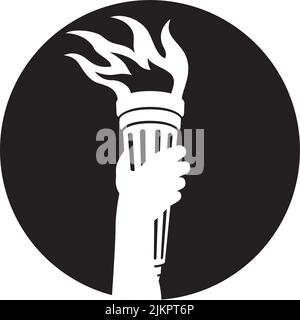 Abzeichen oder Symbol des Armes, der brennende Fackel hält Vektordarstellung eines Personenarms, der eine brennende Fackel hoch hält, um Erleuchtung, Freiheit und k zu symbolisieren Stock Vektor