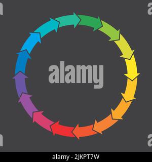 Abzeichen oder Symbol mit dem Regenbogenfarbenen Kreis von Pfeilen. Vektor-Illustration von Pfeilen in einem Kreis schaffen unendliche Bewegung zu symbolisieren Recycling, Wiedergeburt, Stock Vektor