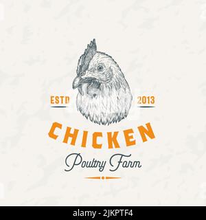 Chicket Meat Farm Retro Abzeichen Logo Vorlage. Handgezeichnete Hen Face Sketch mit Retro-Typografie. Vintage Poultry Sketch Emblem Isoliert Stock Vektor