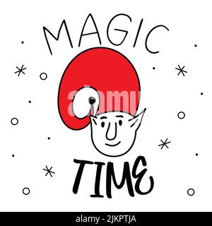 Frohe Weihnachten Avatare Kopf Elf oder gnome und Schriftzug MAGISCHE ZEIT. Die Xmas schwarz und rot Vektor Illustration in Doodle Art Stil. Modisch von Hand gezeichnet Stock Vektor