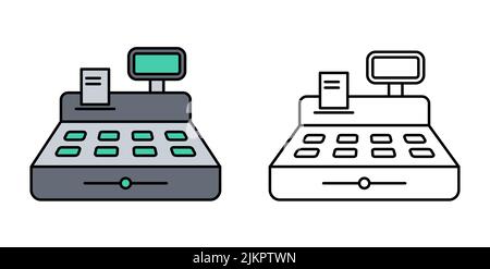 Registrierkasse Farbe flache Umriss Illustration isoliert auf weißem Hintergrund. Registrierkasse mit Preis und Check-Vektor-Symbol für Web-und ui-Design, mobi Stock Vektor