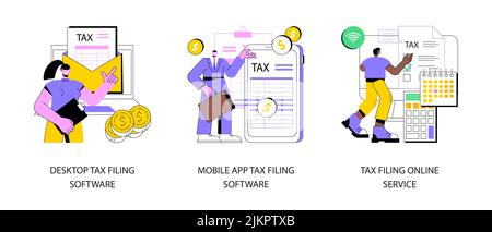 Steuer Software Programm abstrakt Konzept Vektor Illustration Set. Desktop-Software für die Steueranmeldung, mobile Apps und Online-Dienste, Einkommensrechnung, IRS-Formular, sammeln Papierkram abstrakte Metapher. Stock Vektor