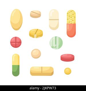 Vektor-Set mit Illustrationen von Tabletten und Kapseln. Stock Vektor