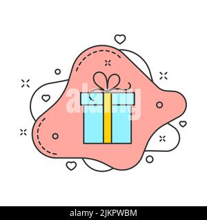 Geschenkbox auf rosa Flüssigkeit Blase Form Farbe Vektor Illustration isoliert auf weiß. Geschenkbox mit Band und Dekorationen um. Für Web- und Promo-Busine Stock Vektor