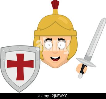 Vektor-Illustration des Gesichts eines Cartoon römischen Soldaten mit Helm, Schild und Schwert in der Hand Stock Vektor