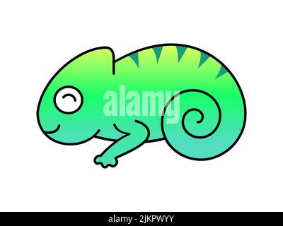 Niedliches kleines Chamäleon mit Umriss. Kawaii Chamäleon lächelnd. T-Shirt-Design-Element mit Umriss. Reptil Tier, das die Hautfarbe ändern kann. Vektor Stock Vektor