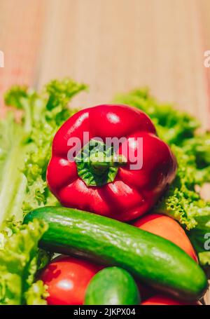 Vertikale frisches Gemüse rote Paprika Tomaten Gurken grünen Salat. Stillleben im Sommer. Vegane Rohvitamindiät Schnellgericht sauber Essen Bio Stockfoto