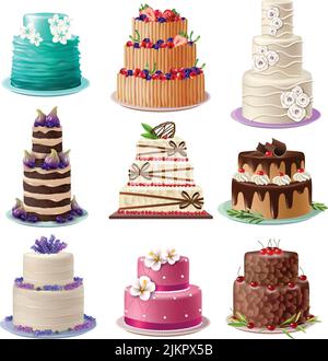 Süß gebackene Kuchen Set mit bunten verschiedenen dekorierten Süßwaren und Dessert isoliert Vektor-Illustration Stock Vektor